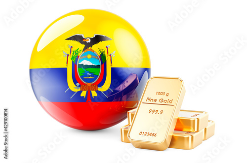 Golden ingots with Ecuadorian flag. Foreign-exchange reserves of Ecuador concept. 3D rendering