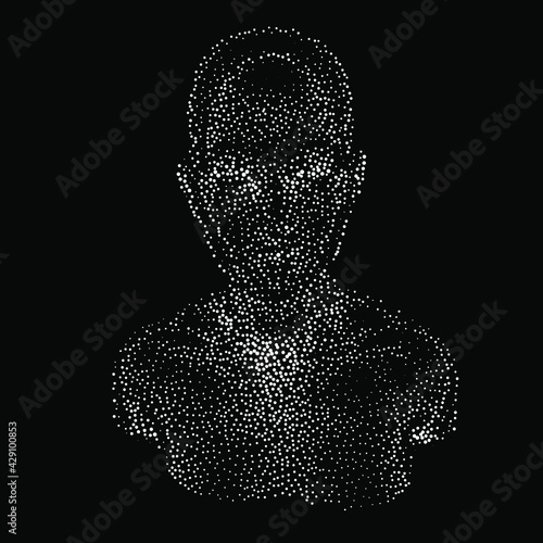 Silhouette of a 3d human head made of dots and particles. Concept of Artificial intelligence and Neural Network.