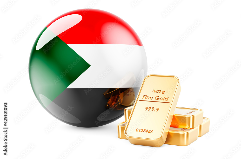 Golden ingots with Sudanese flag. Foreign-exchange reserves of Sudan concept. 3D rendering Golden ingots with Sudanese flag. Foreign-exchange reserves of Sudan concept. 3D rendering