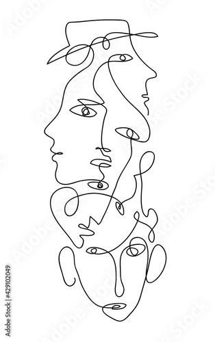 Continuous hand drawing style art. Black and white abstract composition with people portrets Textile, paper, wall print artistic pattern. Contemporary one line art design in wire frame