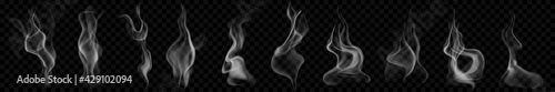 Set of several realistic transparent smoke or steam in white and gray colors, for use on dark background. Transparency only in vector format