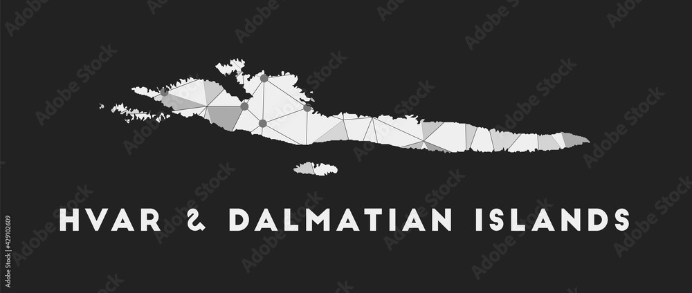 Hvar & Dalmatian Islands - communication network map of island. Hvar & Dalmatian Islands trendy geometric design on dark background. Technology, internet, network, telecommunication concept.