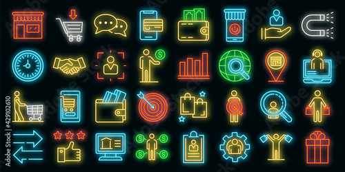 Buyer icons set. Outline set of buyer vector icons neon color on white