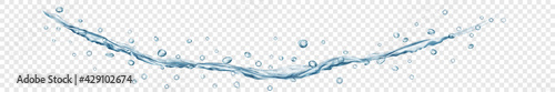 Translucent water jet with drops in gray colors, isolated on transparent background. Transparency only in vector file