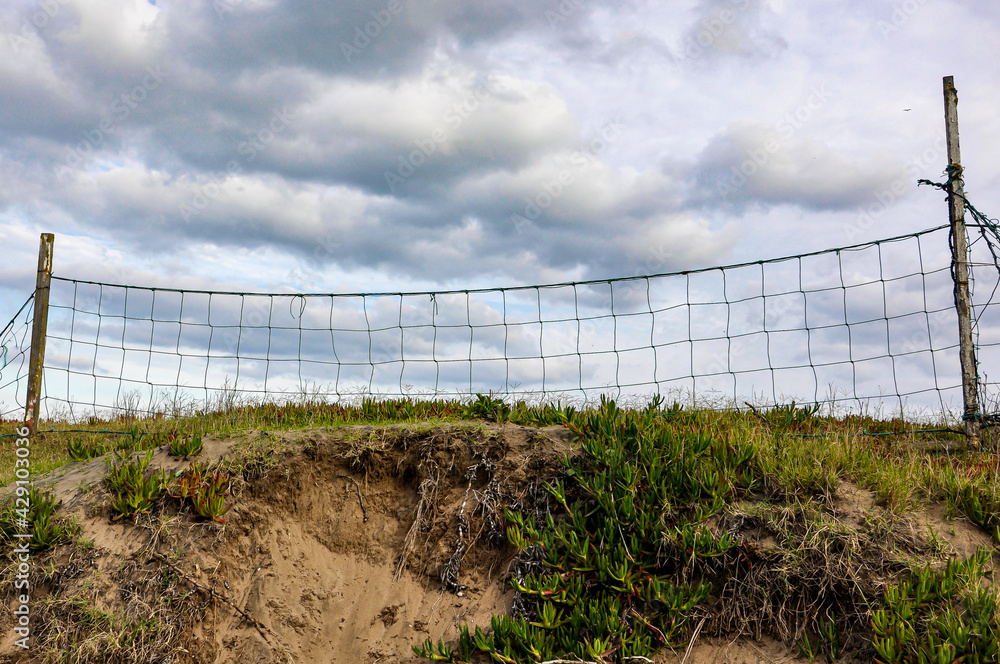 A net fence on the grass with the sky behind A net fence on the grass with the sky behind