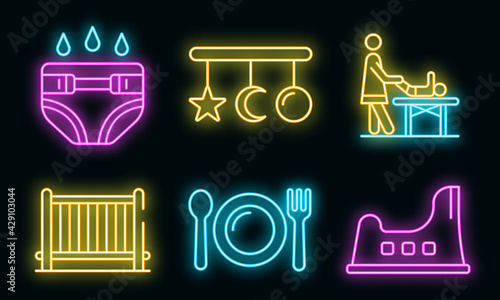 Babysitter icons set. Outline set of babysitter vector icons neon color on white