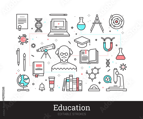 Education vector illustration concept. School, college, university learning thin line compostion for web service, mobile app. Professor, online lecture, distance learning pictograms. Editable strokes.
