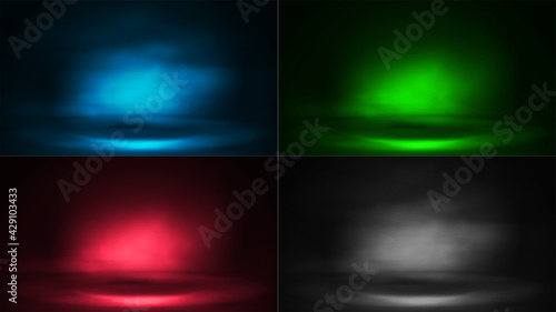 Set of digital scenes with fog and rays of lighting. Blue, green, pink and gray digital neon scenes
