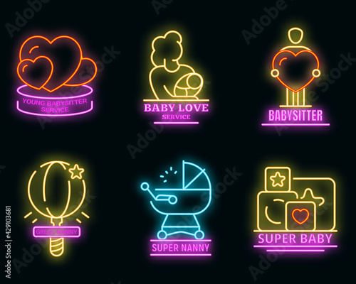 Modern babysitter logo set. Outline set of modern babysitter vector logo neon color on white