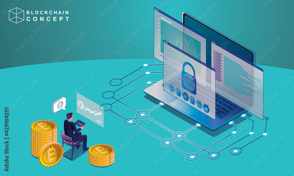 Concept of Blockchain technology, data analysis for investors, marketing solutions, or financial performance. cryptocurrency statistics concept, illustration modern flat design isometric vector Concept of Blockchain technology, data analysis for investors, marketing solutions, or financial performance. cryptocurrency statistics concept, illustration modern flat design isometric vector
