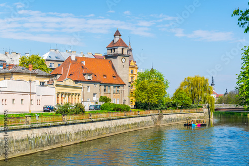 Riverside of the morava river with an evangelical church in the czech city Olomouc.