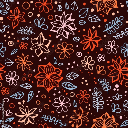 Seamless pattern with abstract hand drawn flowers and leaves. Print for fabric, textile, wrapping paper.