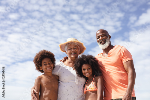 Portrait of african american grandparents and grandchildren smiling at the beach