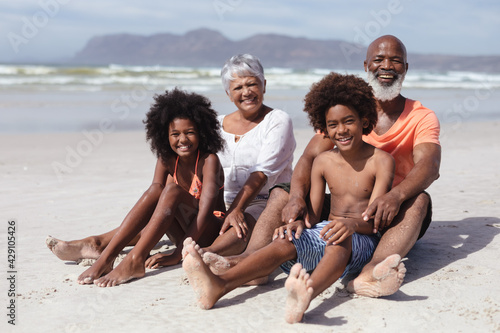Portrait of african american grandparents and grandchildren smiling while siting on the beach