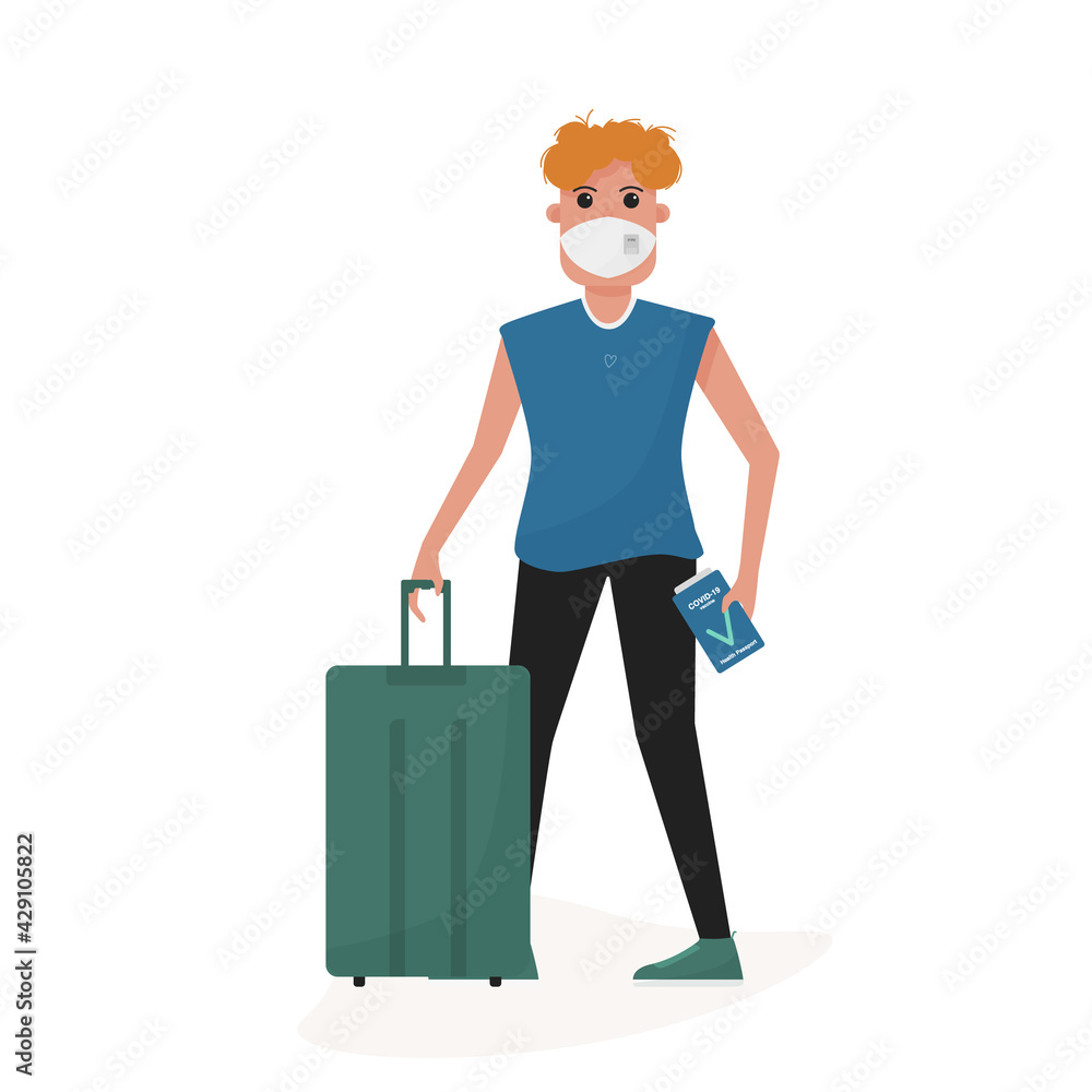 Man with ffp2 mask and health immune passport after covid-19 vaccine in the airport. Post pandemic travel. Flat cartoon style vector. Man with ffp2 mask and health immune passport after covid-19 vaccine in the airport. Post pandemic travel. Flat cartoon style vector.