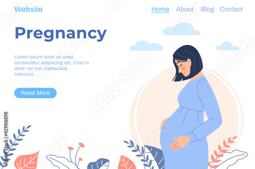 Pregnancy health landing page. Flat pregnant woman wearing maternity clothes on white floral outdoor background. Young lady expecting a baby hold pregnant belly. Cartoon motherhood vector illustration