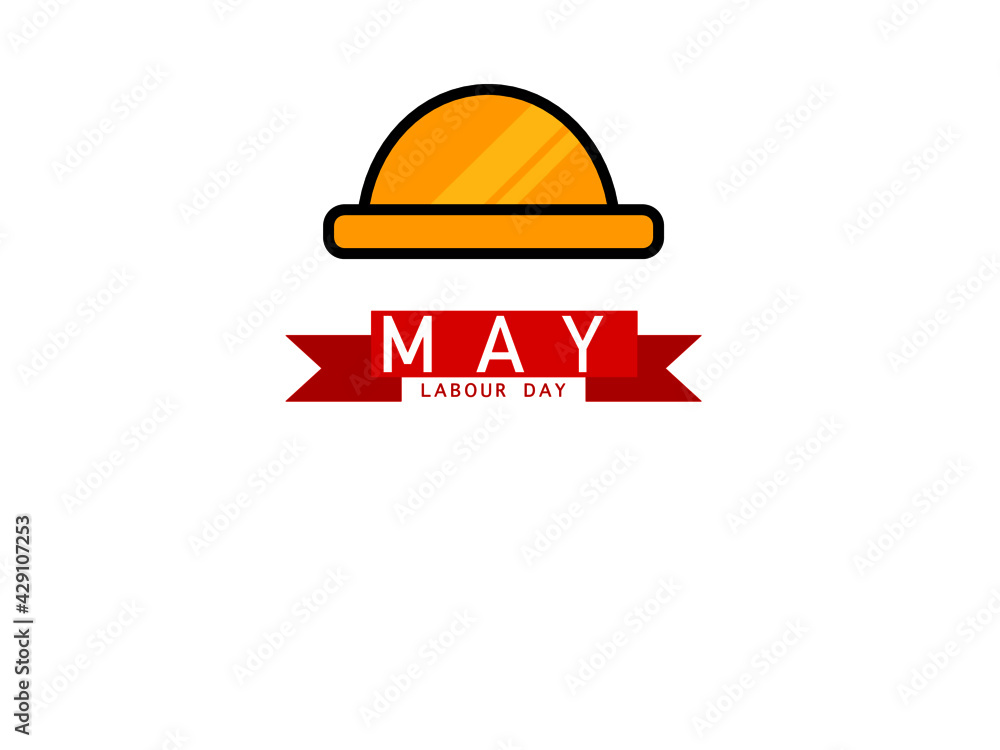 Yellow worker's helmet and protection on a red banner of the international labor day of the first of May Yellow worker's helmet and protection on a red banner of the international labor day of the first of May