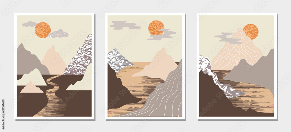 Mountain landscapes. Wall art minimal design vector set. Collection of trendy posters.