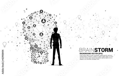 Businessman standing with light bulb from Wireframe polygonal lines Connect dot Geometric with people icon. Concept of business idea and brainstorm.