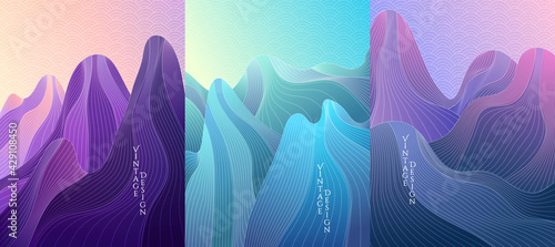 Vector illustration landscape set. Hills, mountains. Linear wave pattern. Striped color background. Asian style. Design for poster, book cover, web template, brochure, card, magazine, layout