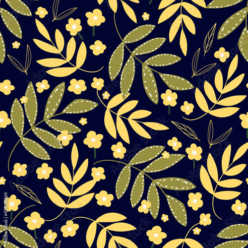 Botanical seamless pattern with leaves and flowers. Floral abstract print design for wallpaper, wrap paper or fabric. Vector hand drawn background.