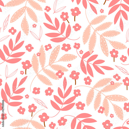 Botanical seamless pattern with leaves and flowers. Floral abstract print design for wallpaper, wrap paper or fabric. Vector hand drawn background.
