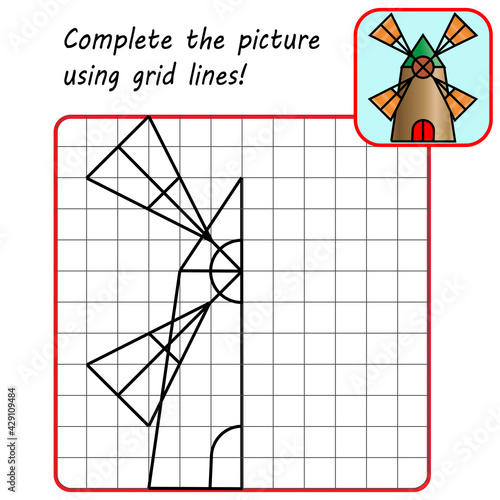 Educational game for kids. Simple exercise. Windmill. Drawing using grid. Symmetrical drawing. Vector illustration. © Mila Che