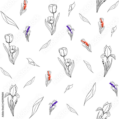 Seamless pattern with tulips and irises silhouettes drawing in graphics style. Botanical pattern isolated on white background