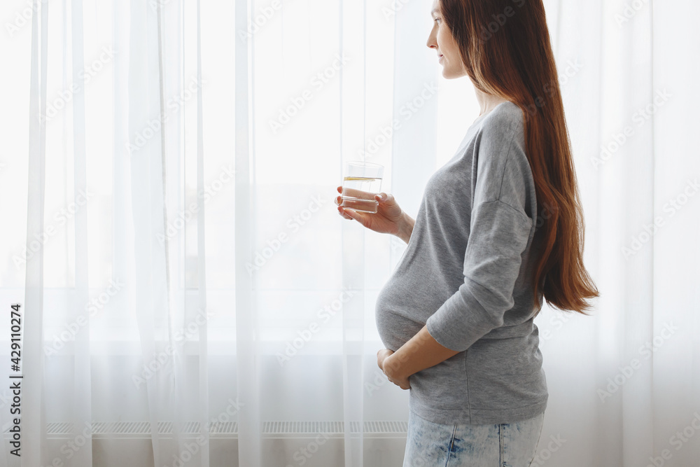 Young beautiful pregnant woman standing at home near the window and drinking water with lemon. Young beautiful pregnant woman standing at home near the window and drinking water with lemon.