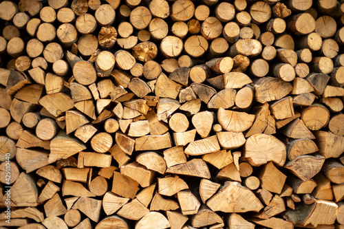 wall firewood   Background of dry chopped firewood logs in a pile.