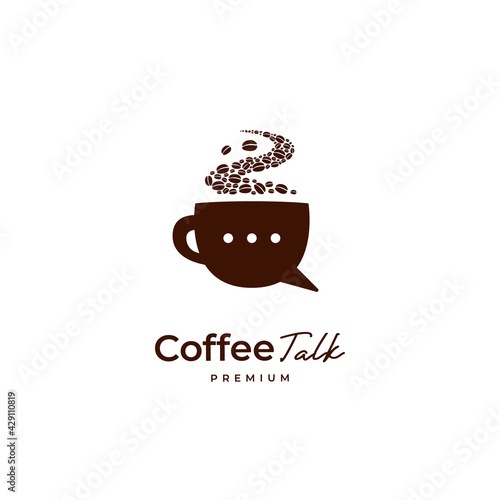 Premium coffee bean talk logo, brown coffee cup with bubble chat icon logo illustration