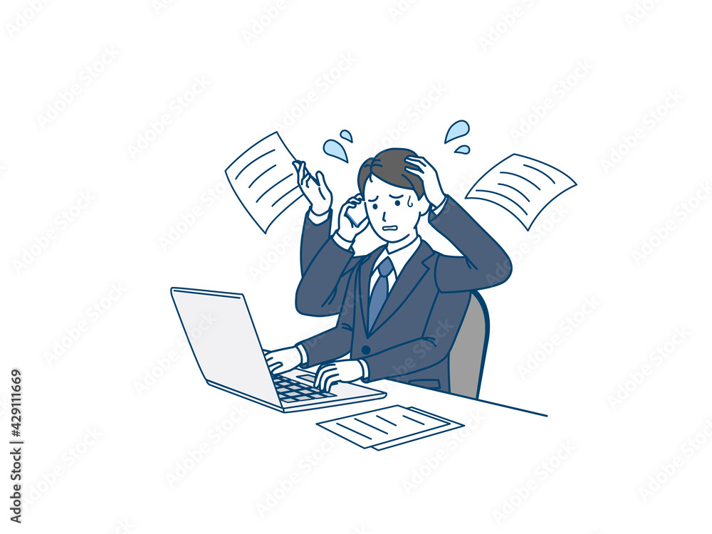 仕事が忙しい 繁忙期 スーツ姿の男性 デスクワーク 会社員 イラスト素材 Stock Vector Adobe Stock