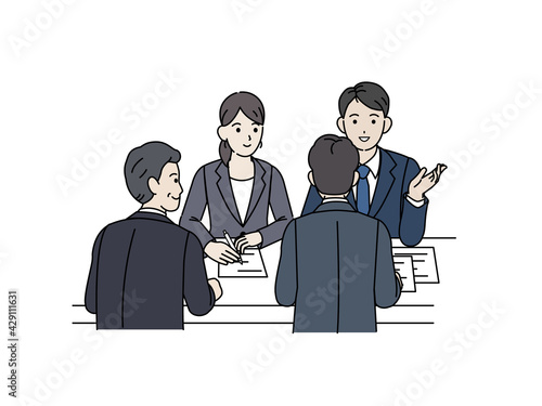 打ち合わせ　会議をするビジネスシーン　会議　商談　ミーティング　話し合い　イラスト素材