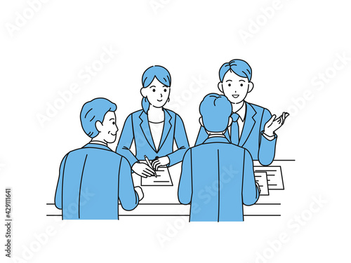 打ち合わせ　会議をするビジネスシーン　会議　商談　ミーティング　話し合い　イラスト素材