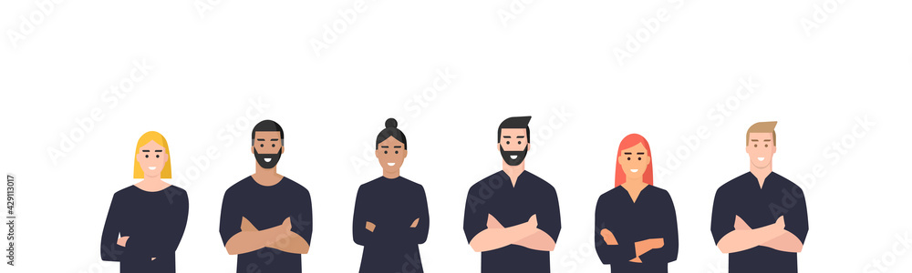 Personas. Hombres y mujeres. Grupo o equipo de trabajo. Concepto de portada. Ilustración vectorial aislada en fondo blanco Personas. Hombres y mujeres. Grupo o equipo de trabajo. Concepto de portada. Ilustración vectorial aislada en fondo blanco
