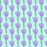 Purple outline crocus hand drawn silhouettes seamless doodle pattern. Light turquoise background.