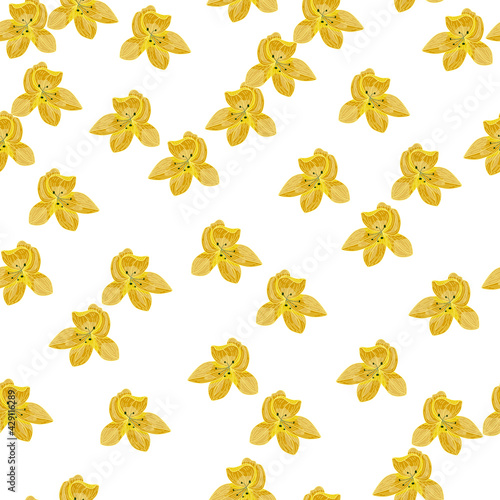 Isolated seamless pattern with doodle random yellow orchid flowers print. White background.