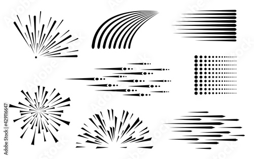 Speed line. Speed comic book. Background of radial lines. Set of various symbols of movement, speed, explosion, radiance, flying particles. Black silhouette. Isolation. Vector