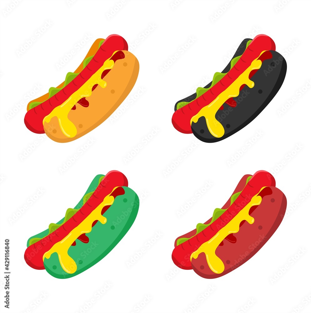 Vector illustration set of freshly made hotdog with cheese and tomato sauce, restaurant and culinary theme. suitable for advertising food products Vector illustration set of freshly made hotdog with cheese and tomato sauce, restaurant and culinary theme. suitable for advertising food products