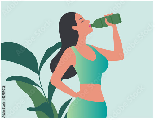 Beautiful woman drinking water bottle vector illustration. Healthy lifestyle mother concept