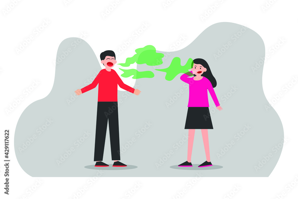 Sickness vector concept: Young woman smelling bad breath from a man while standing together Sickness vector concept: Young woman smelling bad breath from a man while standing together