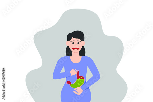 Sickness vector concept: Young woman suffering gastric pains while holding her stomach