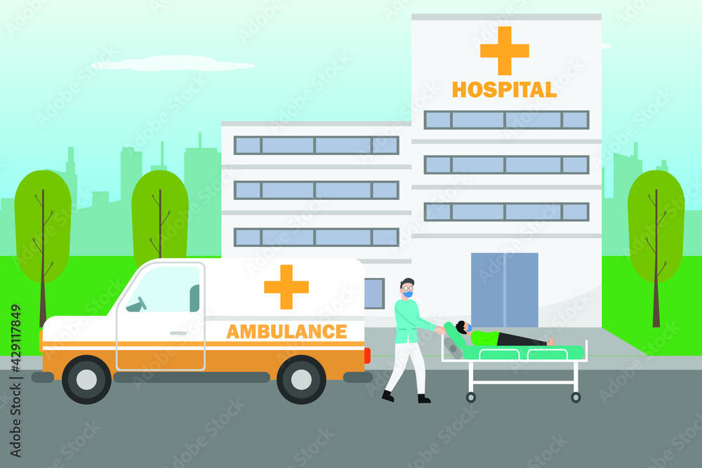 Health vector concept. Male paramedic carrying patient with stretcher and ambulance to the hospital