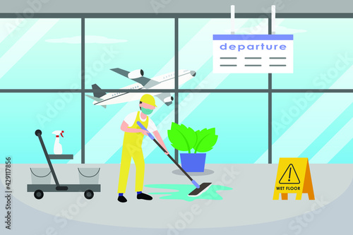 Occupation vector concept: Cleaning service mopping the floor in lobby airport while wearing face mask