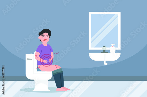 Diarrhea vector concept: Young man suffering diarrhea and sitting in the toilet while holding his stomach