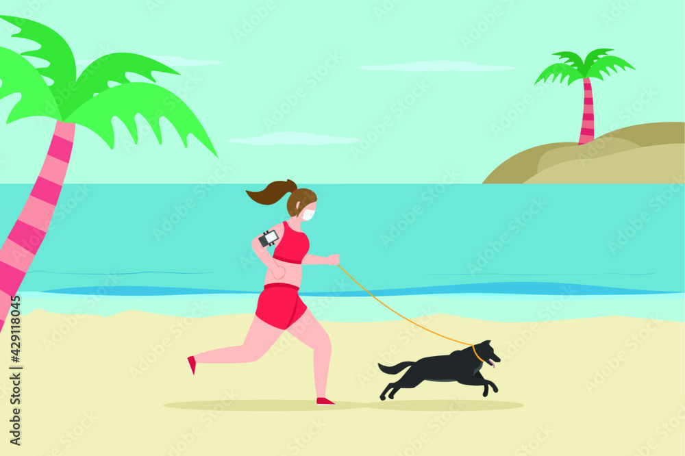 Jogging vector concept. Woman doing exercise by running on the beach with her dog and running tracker