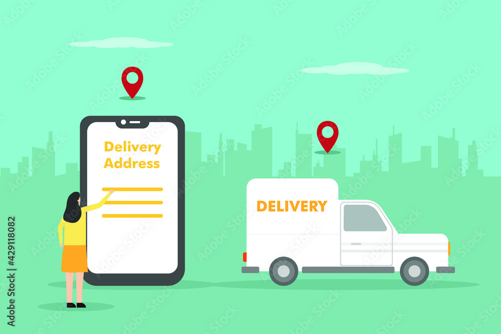 Delivery vector concept. Woman writing delivery address on mobile phone with delivery truck and location pin in the city background Delivery vector concept. Woman writing delivery address on mobile phone with delivery truck and location pin in the city background