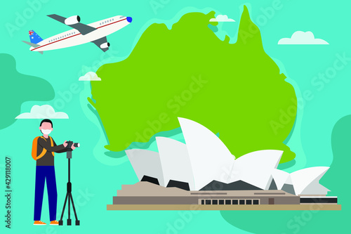 Vacation in new normal vector concept: Young photographer taking a picture of Sydney Opera House landmark