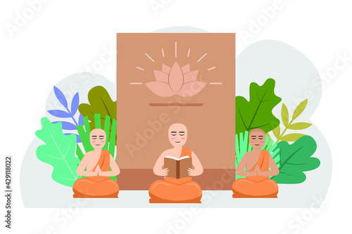 Buddha vector concept: The monks reading holy book while doing meditation together