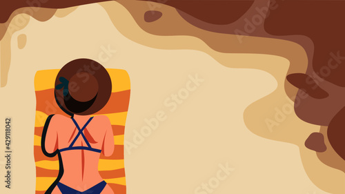 Woman in bikini at the tropical beach concept of holiday Flat vector cartoon illustration